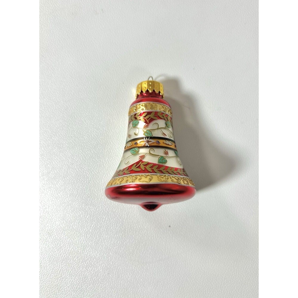 Blown Glass Bell Christmas Tree Ornament Glitter Gold Tone Red